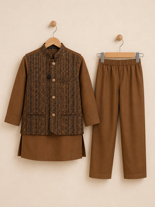Brown Boys Embroidered Waistcoat Kurta Pajama Set