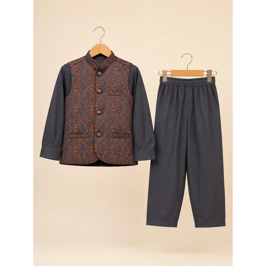 Navy Blue Boys Printed Waistcoat Kurta Pajama Set