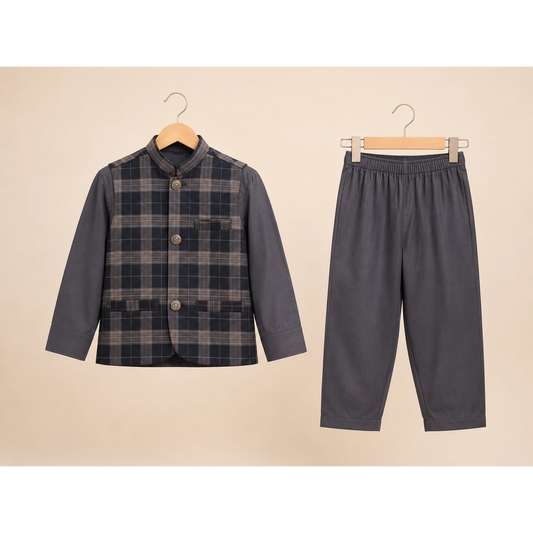 Grey Check Boys Waistcoat Kurta Pajama Set