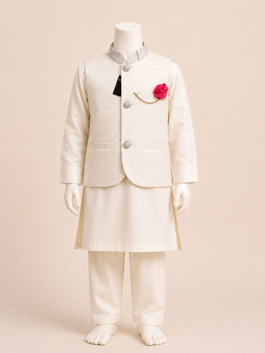 Ivory White Boys Waistcoat Kurta Pajama Set with Pink Flower Brooch
