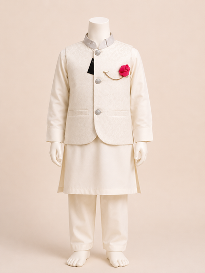 Ivory White Boys Waistcoat Kurta Pajama Set with Pink Flower Brooch
