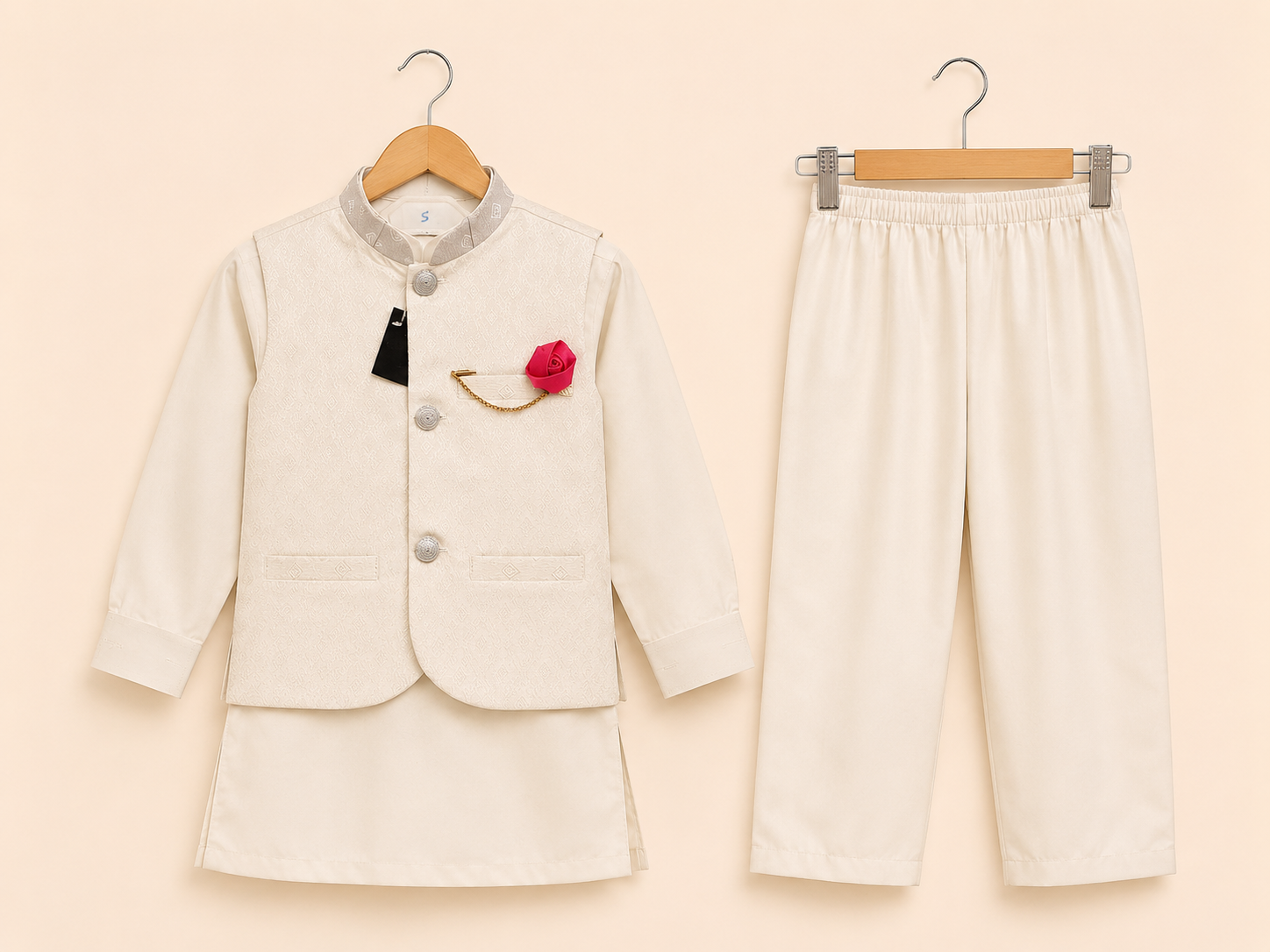 Ivory White Boys Waistcoat Kurta Pajama Set with Pink Flower Brooch