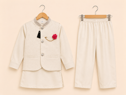 Ivory White Boys Waistcoat Kurta Pajama Set with Pink Flower Brooch