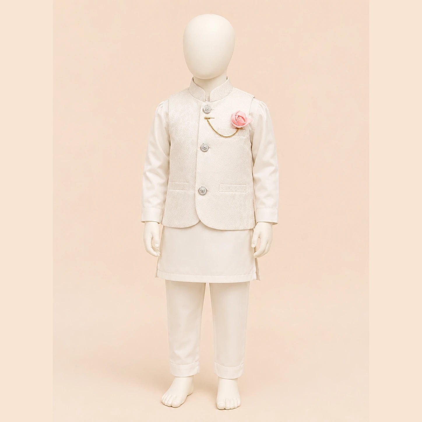 White Boys Waistcoat Kurta Pajama Set with Pink Rose Brooch
