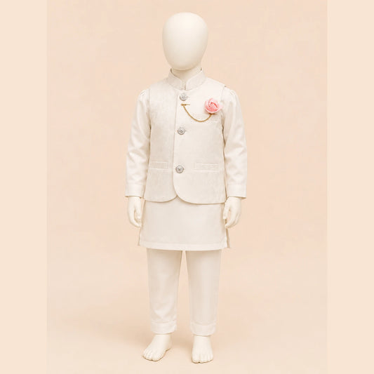 White Boys Waistcoat Kurta Pajama Set with Pink Rose Brooch