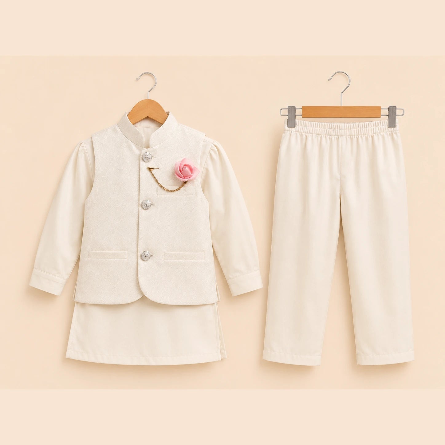 White Boys Waistcoat Kurta Pajama Set with Pink Rose Brooch