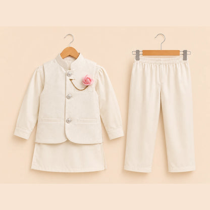 White Boys Waistcoat Kurta Pajama Set with Pink Rose Brooch