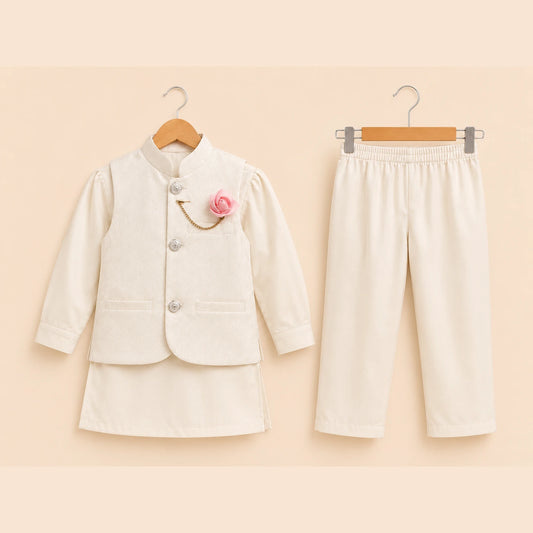 White Boys Waistcoat Kurta Pajama Set with Pink Rose Brooch