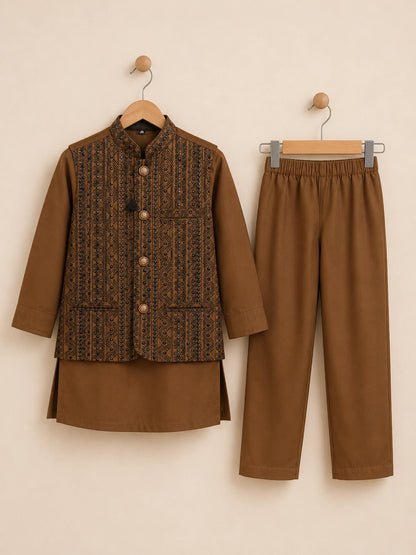 Brown Boys Embroidered Waistcoat Kurta Pajama Set