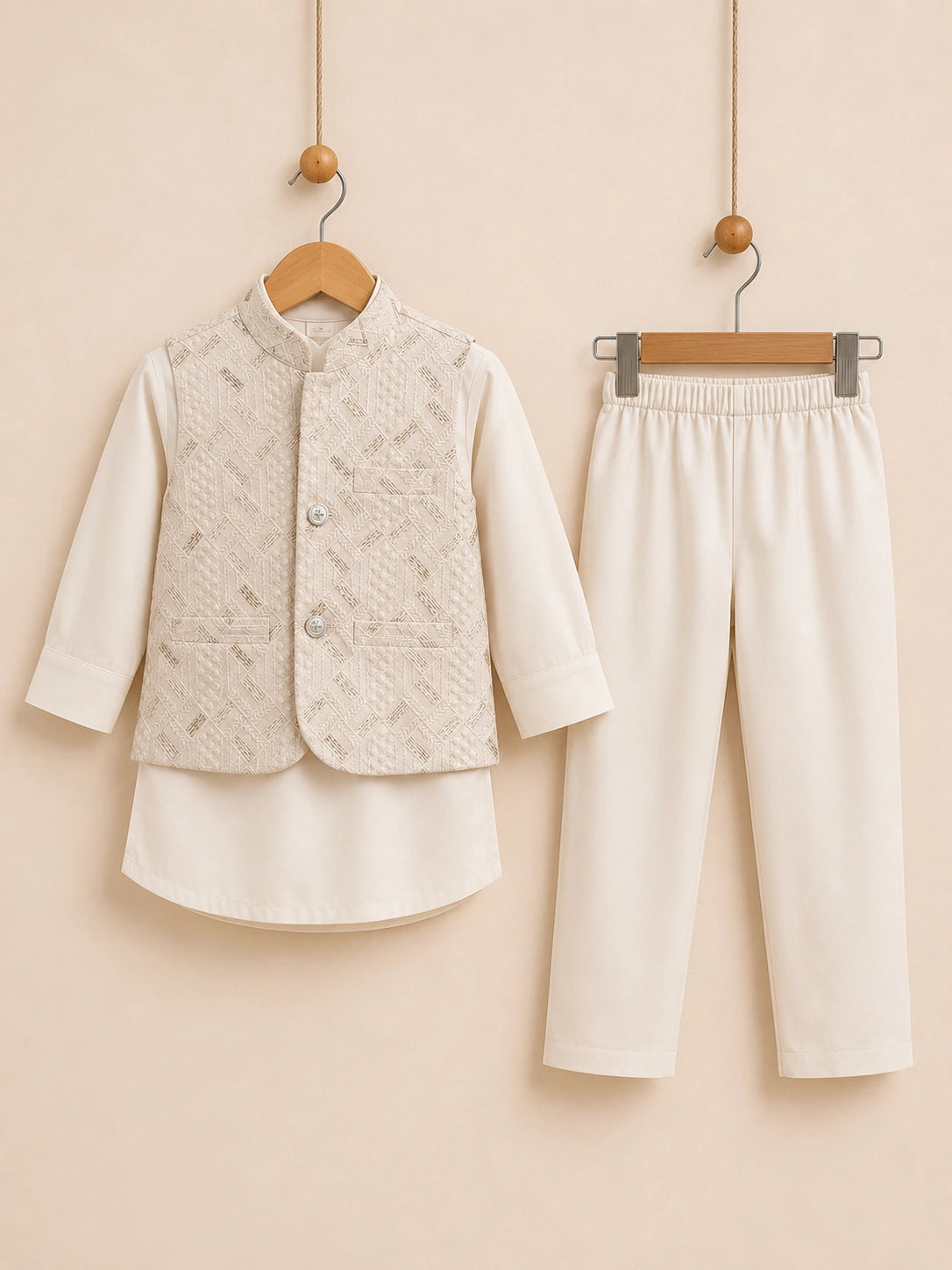 Ivory White Boys Embroidered Waistcoat Kurta Pajama Set