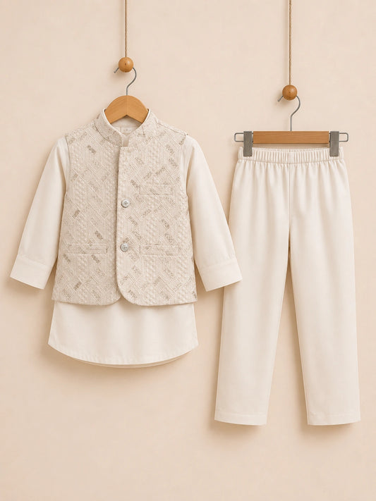 Ivory White Boys Embroidered Waistcoat Kurta Pajama Set