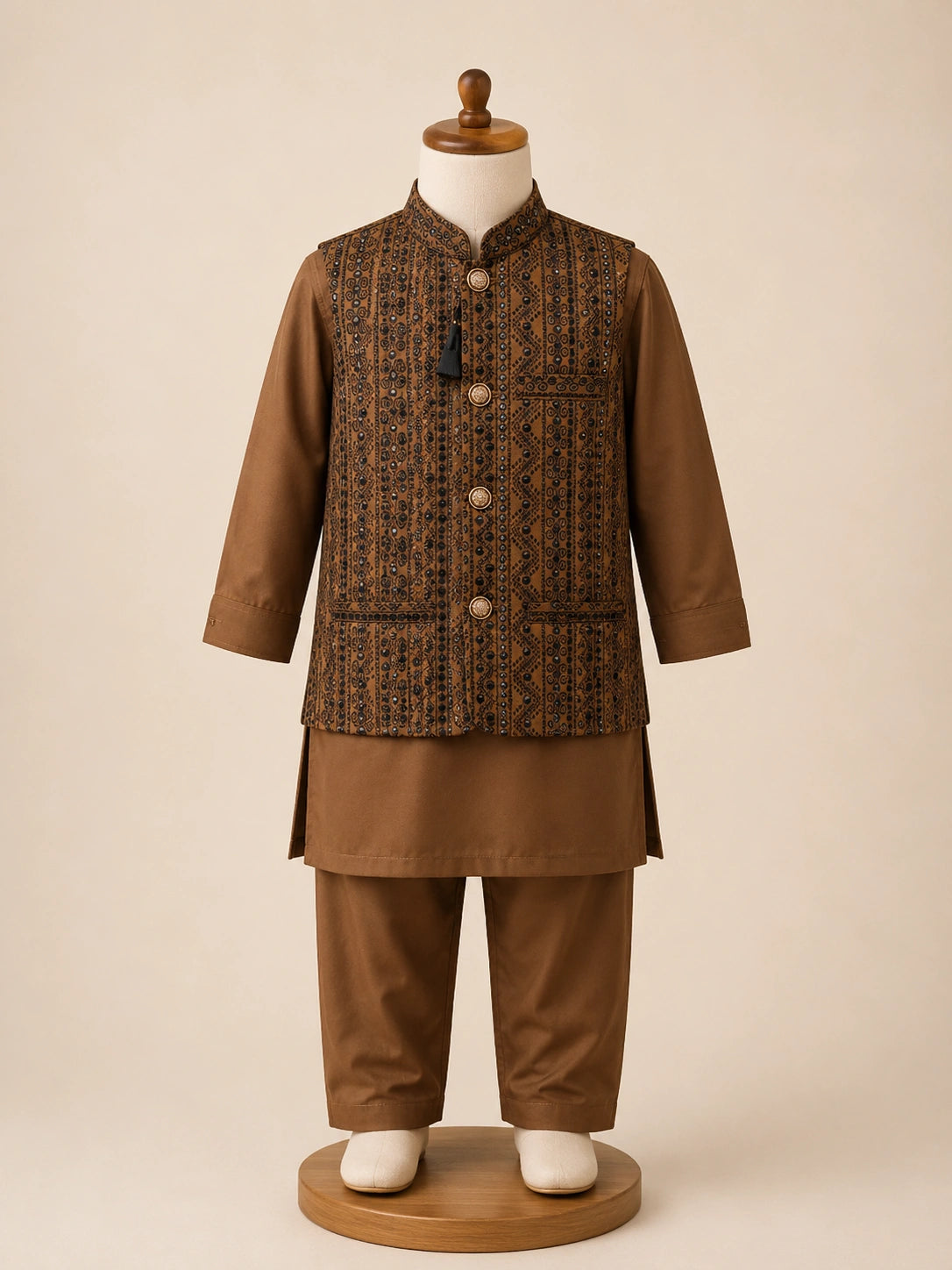 Brown Boys Embroidered Waistcoat Kurta Pajama Set