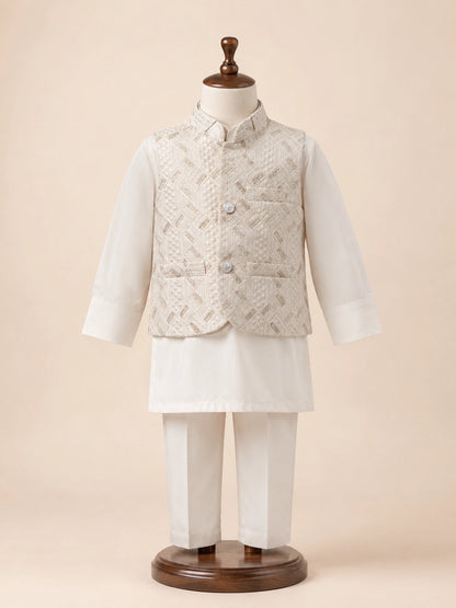 Ivory White Boys Embroidered Waistcoat Kurta Pajama Set