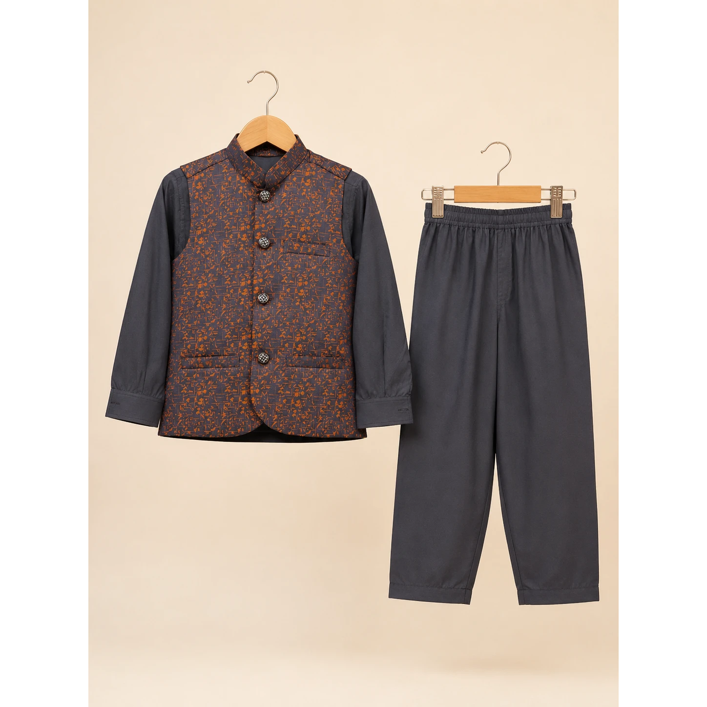 Navy Blue Boys Printed Waistcoat Kurta Pajama Set