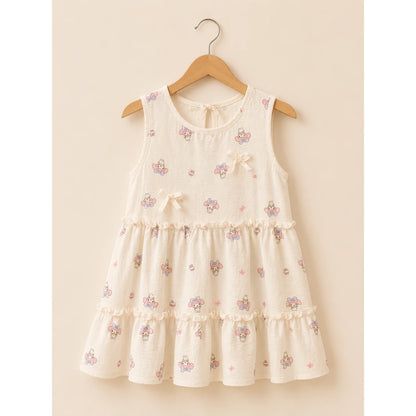 Girls Elegant Floral Summer Frock – Cream Beige