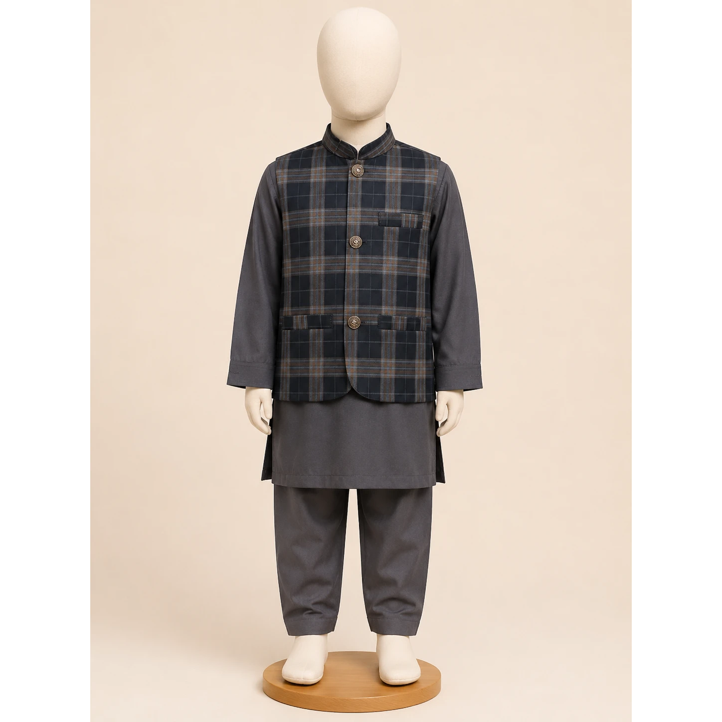 Grey Check Boys Waistcoat Kurta Pajama Set