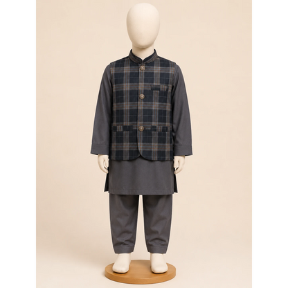 Grey Check Boys Waistcoat Kurta Pajama Set