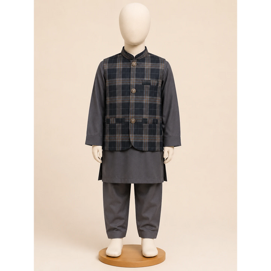 Grey Check Boys Waistcoat Kurta Pajama Set