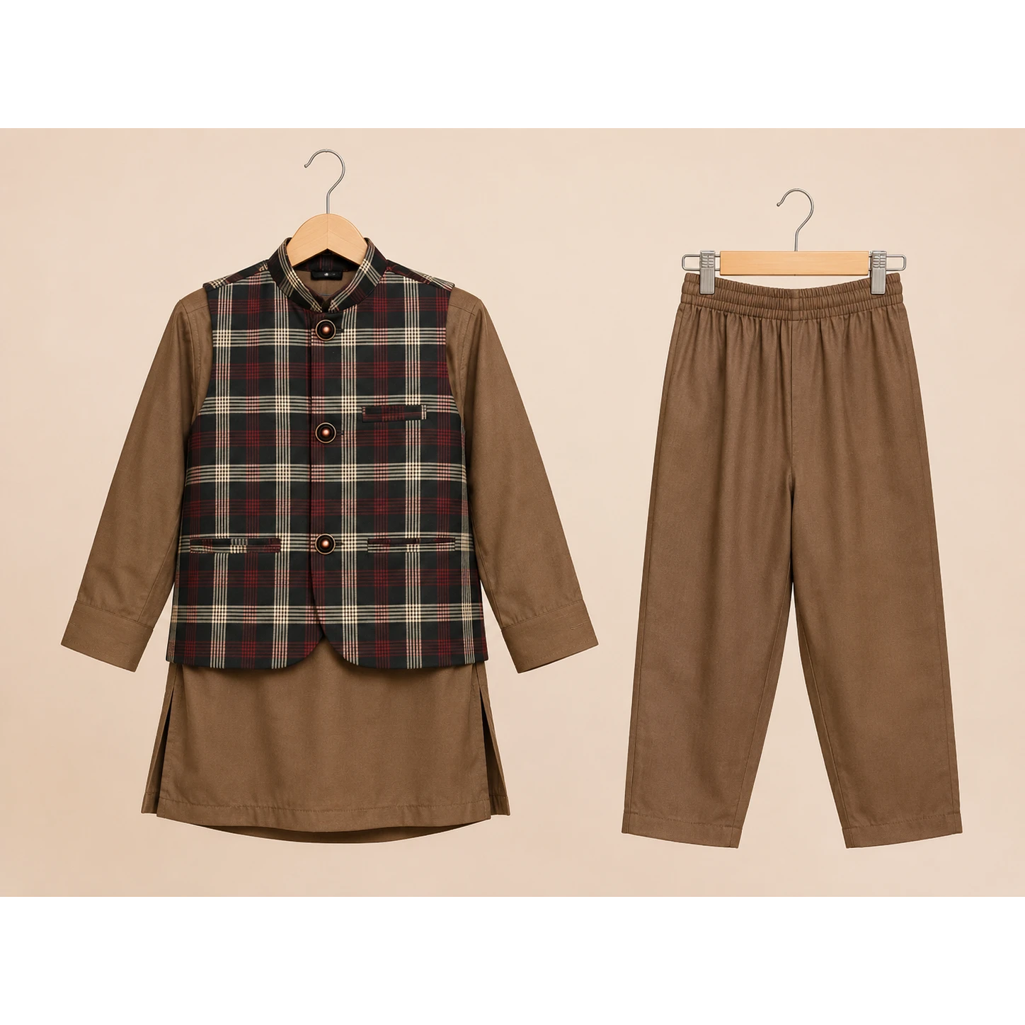 Brown Check Boys Waistcoat Kurta Pajama Set