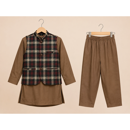 Brown Check Boys Waistcoat Kurta Pajama Set