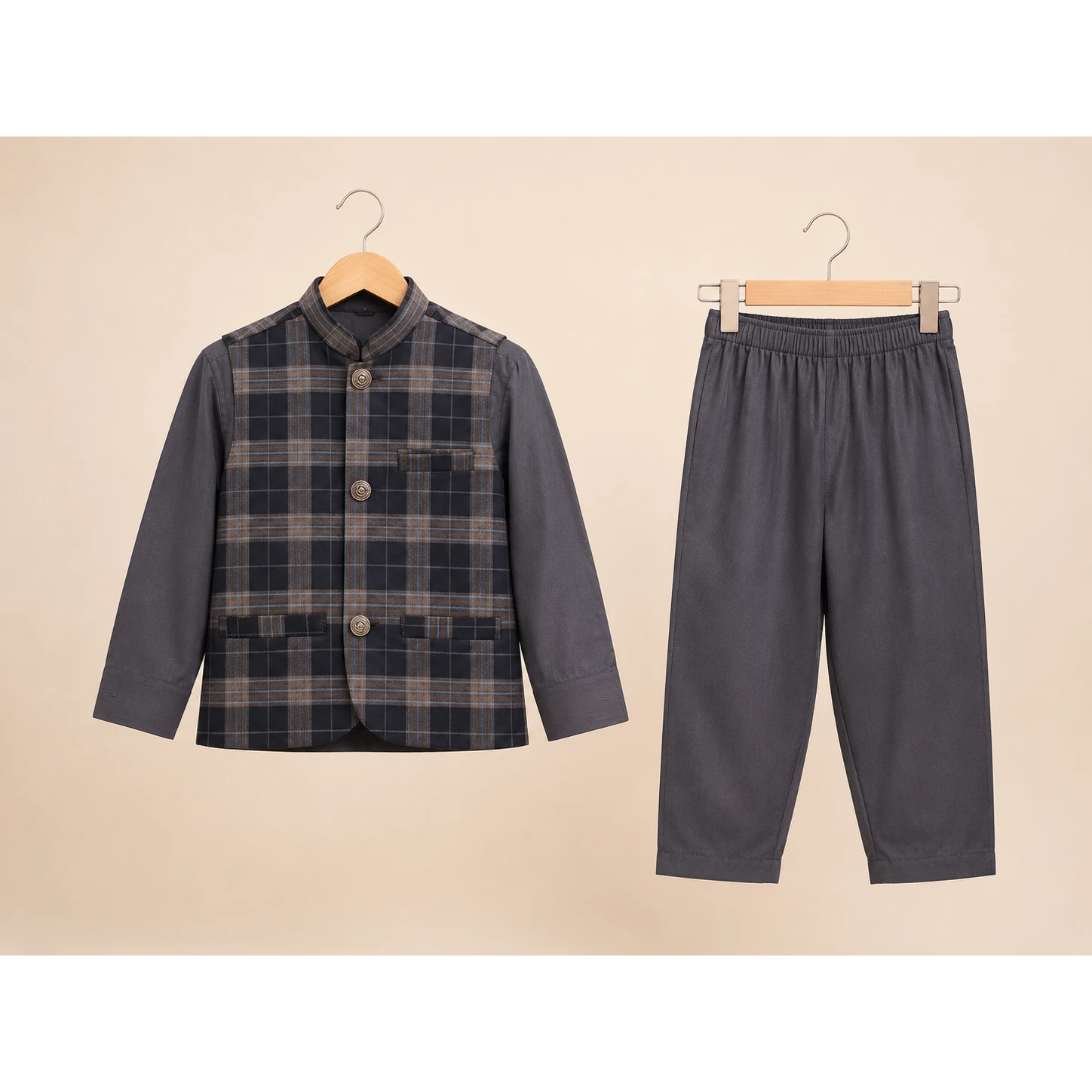 Grey Check Boys Waistcoat Kurta Pajama Set