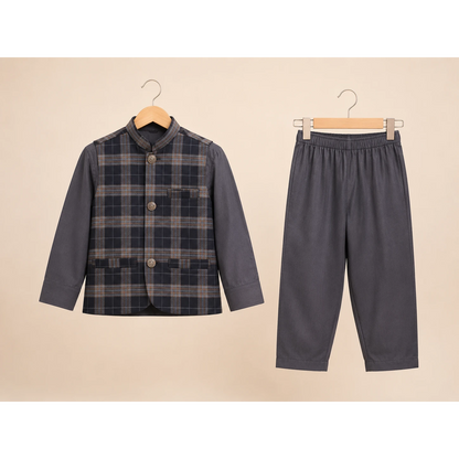 Grey Check Boys Waistcoat Kurta Pajama Set