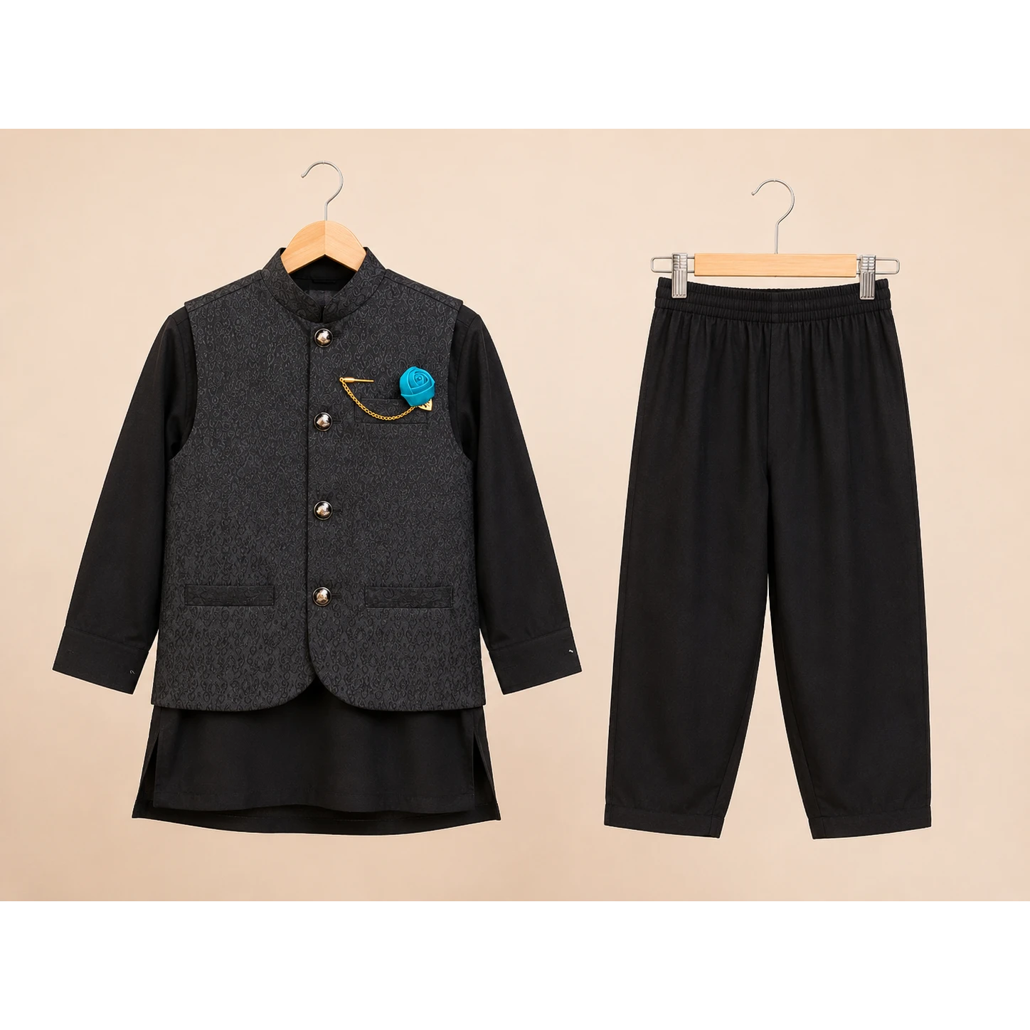 Black Boys Waistcoat Kurta Pajama Set with Blue Flower Brooch
