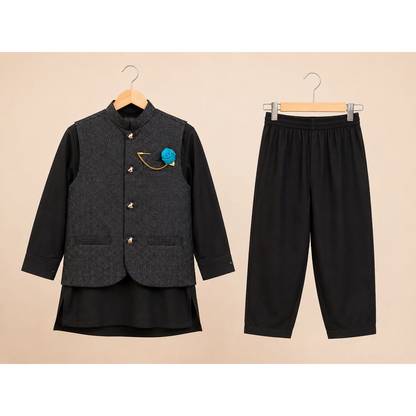 Black Boys Waistcoat Kurta Pajama Set with Blue Flower Brooch