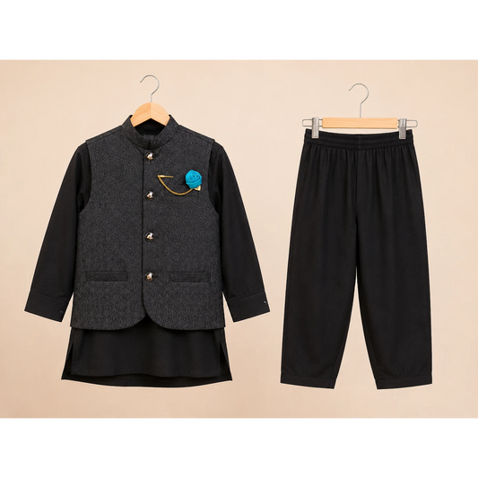 Black Boys Waistcoat Kurta Pajama Set with Blue Flower Brooch