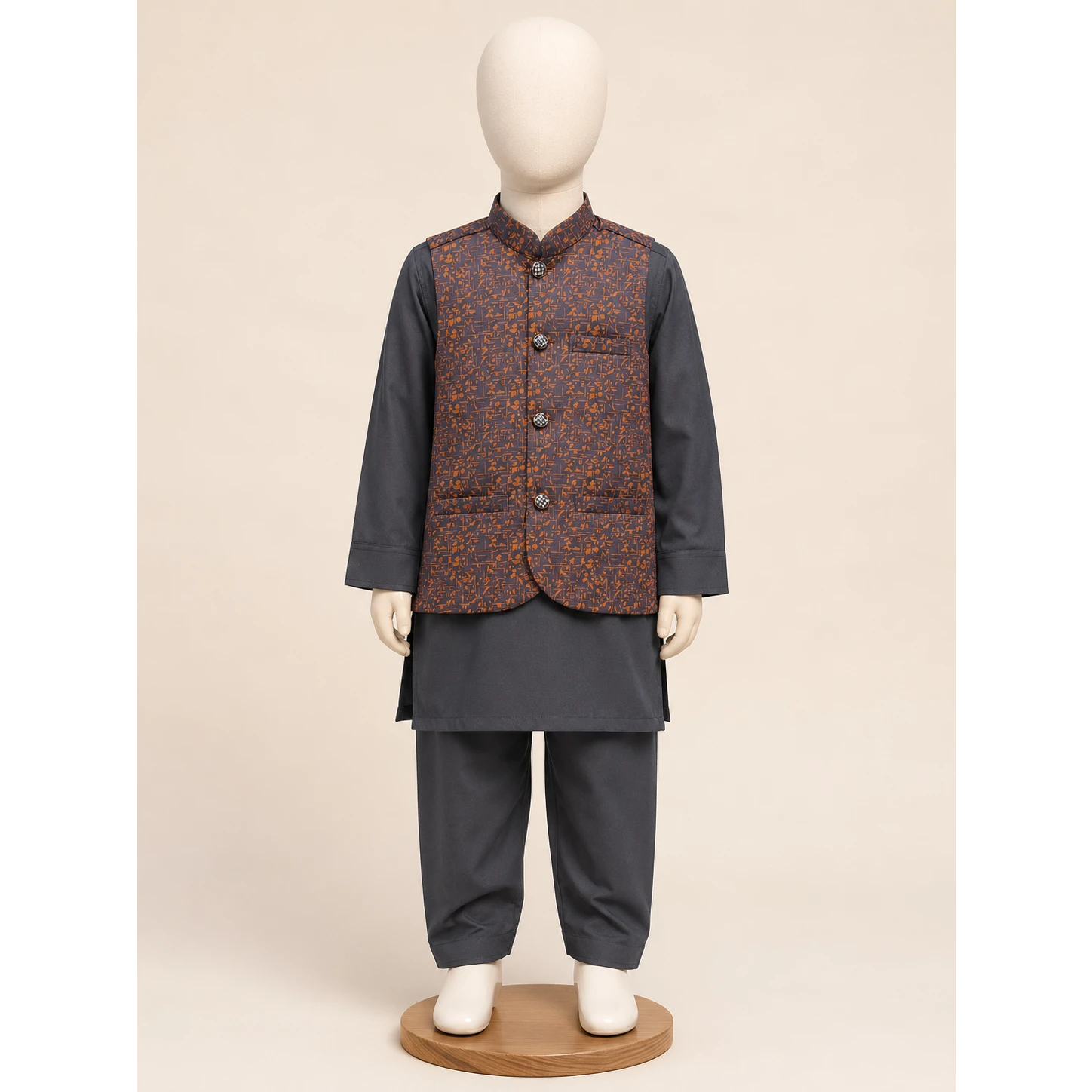 Navy Blue Boys Printed Waistcoat Kurta Pajama Set