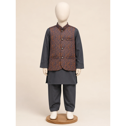 Navy Blue Boys Printed Waistcoat Kurta Pajama Set