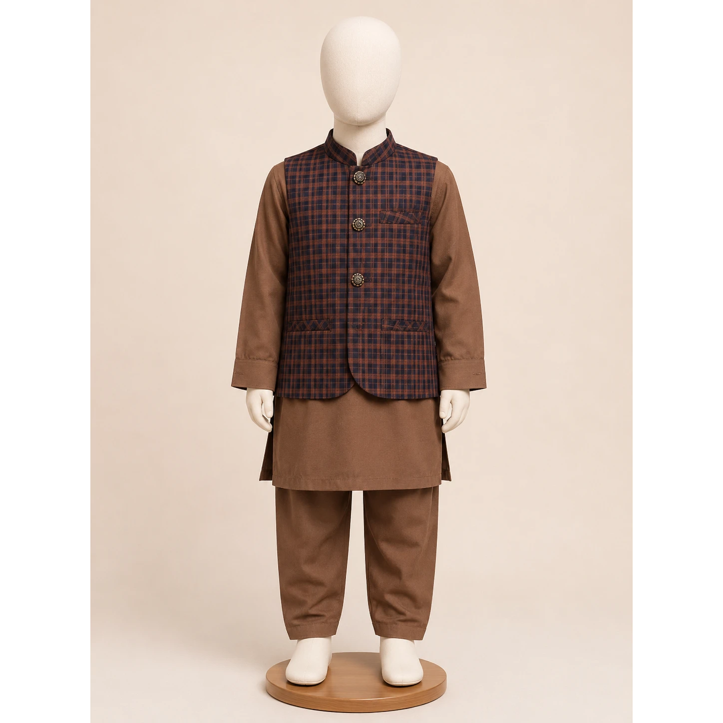 Brown Check Boys Traditional Waistcoat Kurta Pajama Set