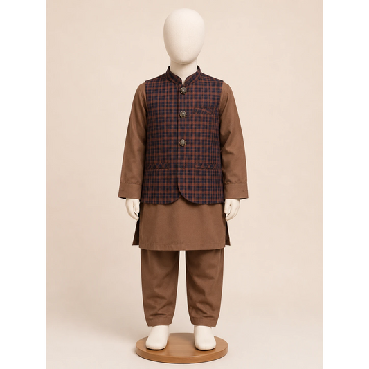 Brown Check Boys Traditional Waistcoat Kurta Pajama Set