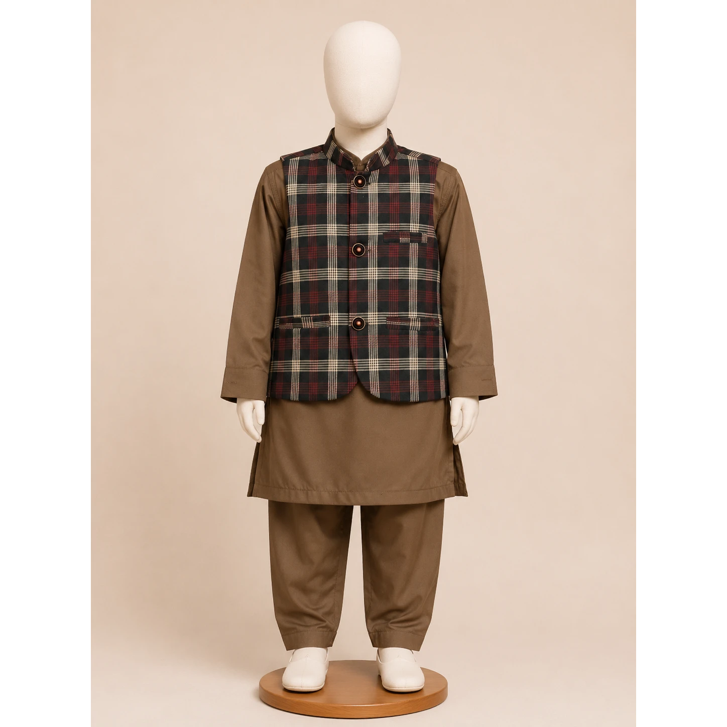Brown Check Boys Waistcoat Kurta Pajama Set