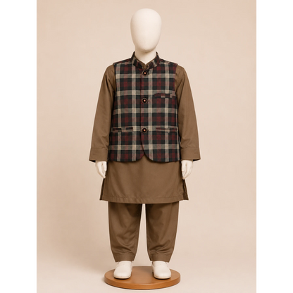 Brown Check Boys Waistcoat Kurta Pajama Set