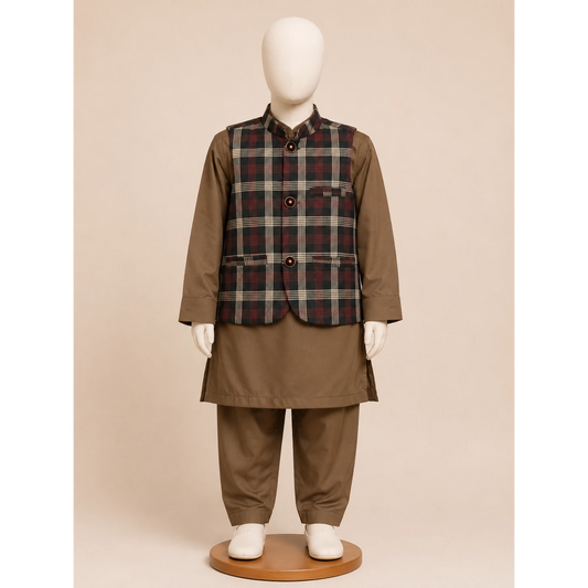 Brown Check Boys Waistcoat Kurta Pajama Set