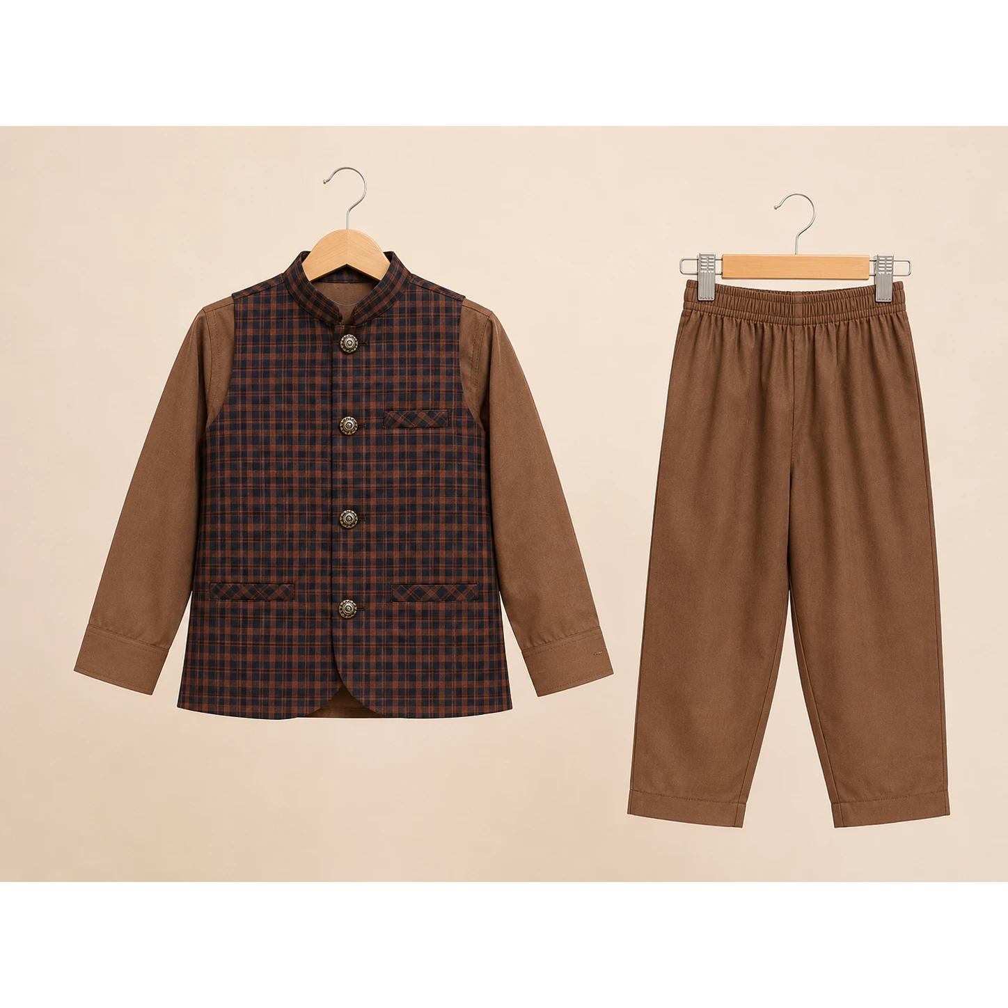 Brown Check Boys Traditional Waistcoat Kurta Pajama Set