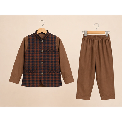 Brown Check Boys Traditional Waistcoat Kurta Pajama Set