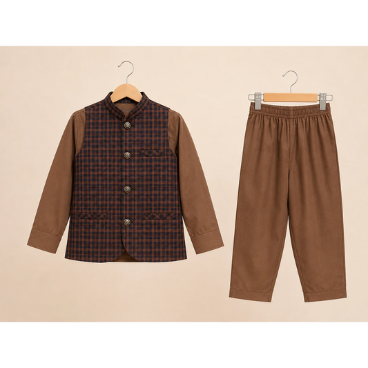 Brown Check Boys Traditional Waistcoat Kurta Pajama Set