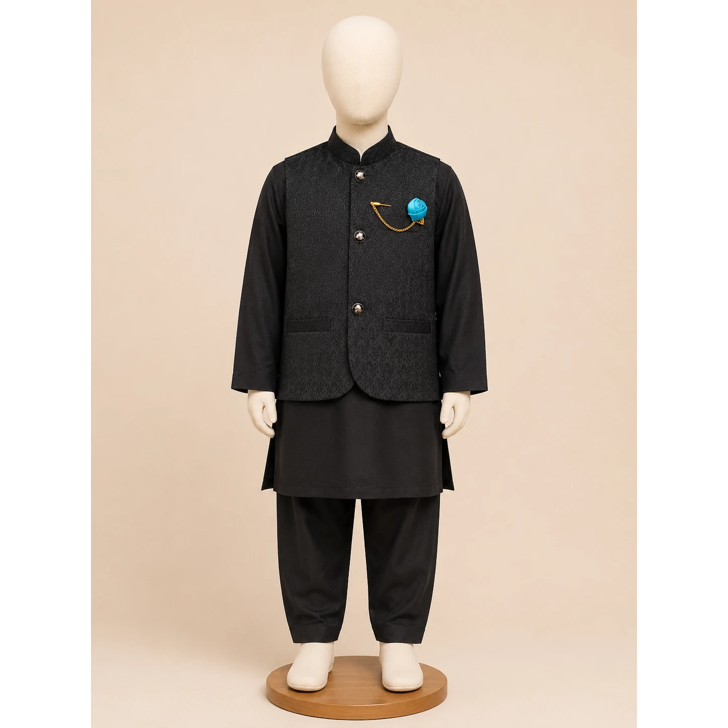 Black Boys Waistcoat Kurta Pajama Set with Blue Flower Brooch