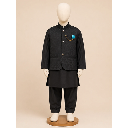 Black Boys Waistcoat Kurta Pajama Set with Blue Flower Brooch