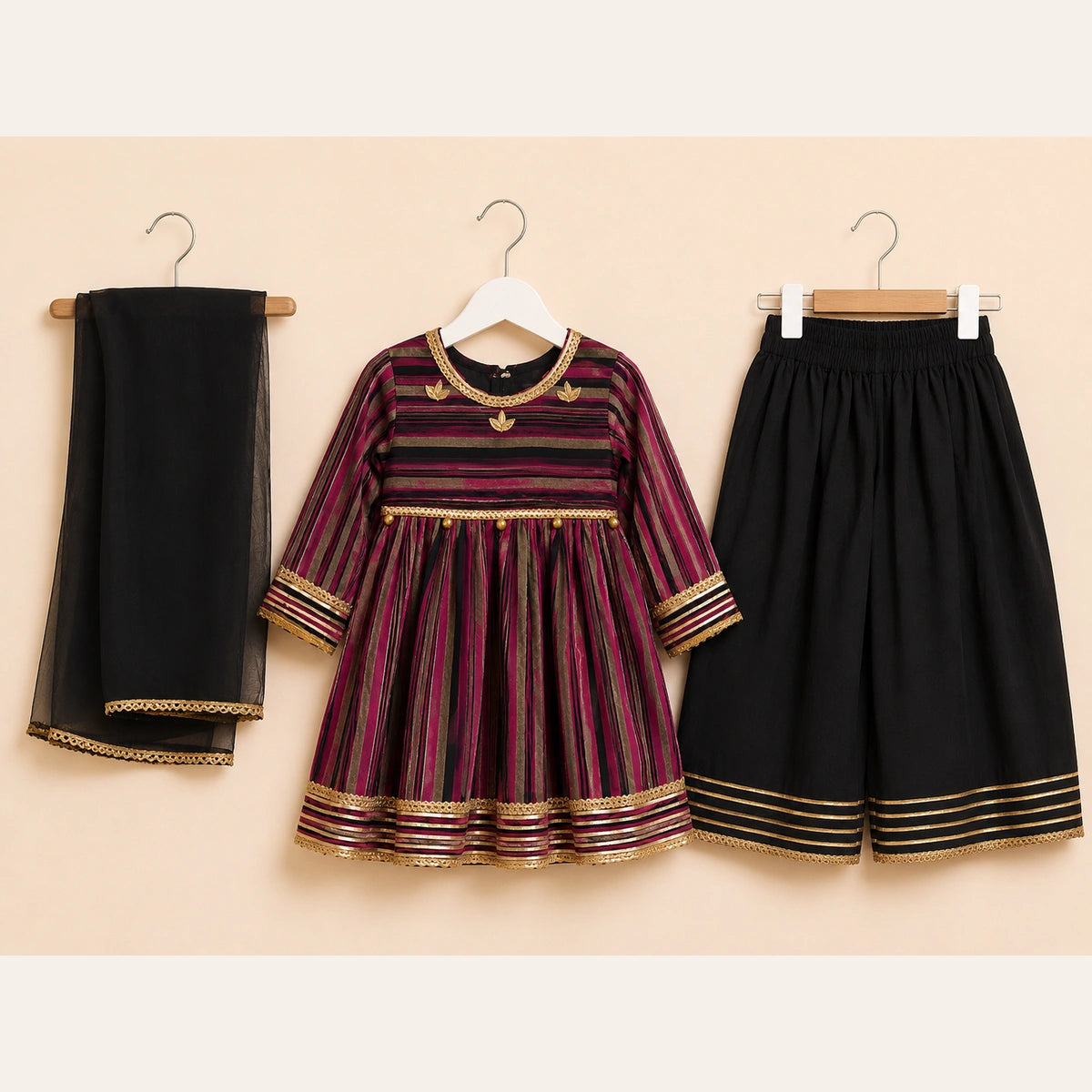 Black & Maroon Girls Traditional 3 Piece Set