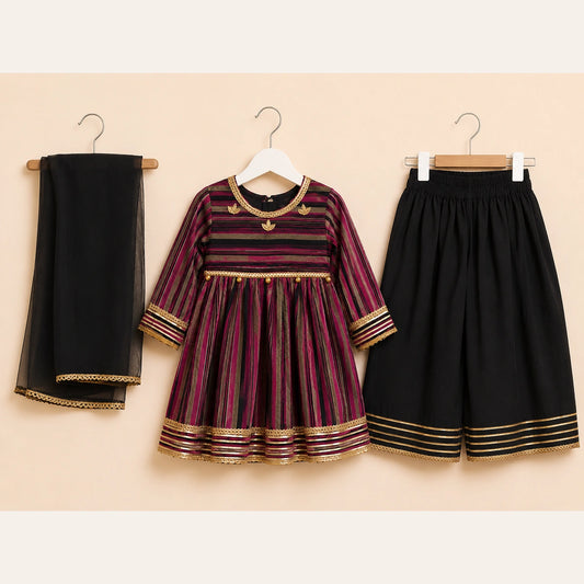 Black & Maroon Girls Traditional 3 Piece Set