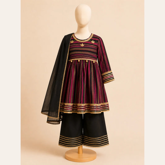 Black & Maroon Girls Traditional 3 Piece Set