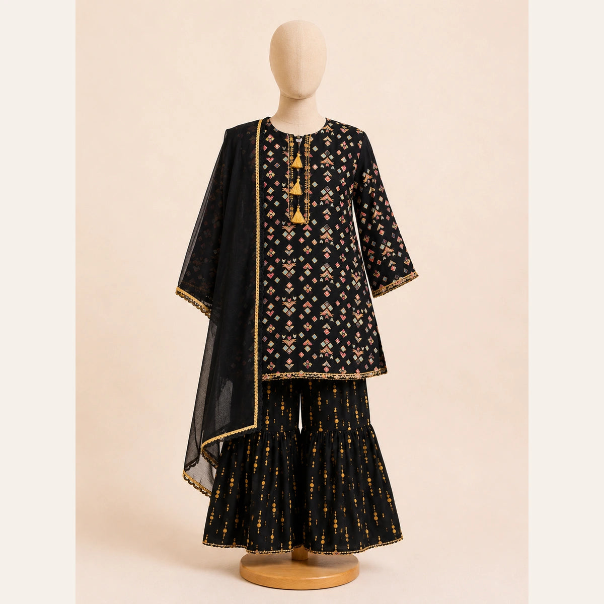 Black Printed Girls Traditional 3 Piece Suit