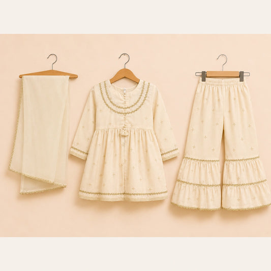 Ivory White Embroidered Girls 3 Piece Suit with Dupatta