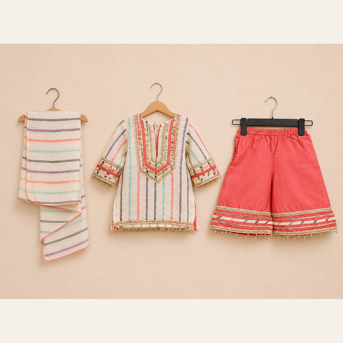 Multicolor Striped Girls Traditional 3 Piece Suit