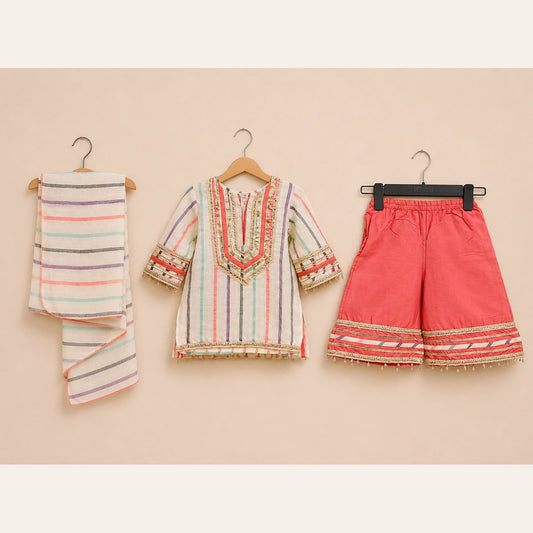 Multicolor Striped Girls Traditional 3 Piece Suit