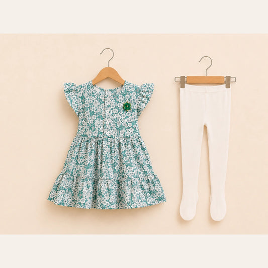 Elegant Girls Floral Dress with Matching Tights