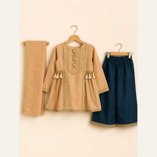 Beige & Teal Embroidered Girls 3 Piece Suit